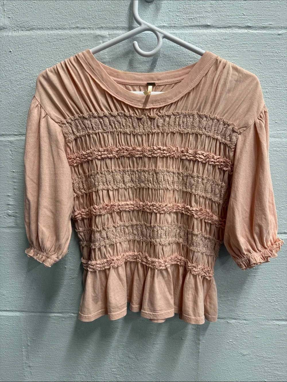 Free People Peach Smocked Peplum Puff Sleeve Top